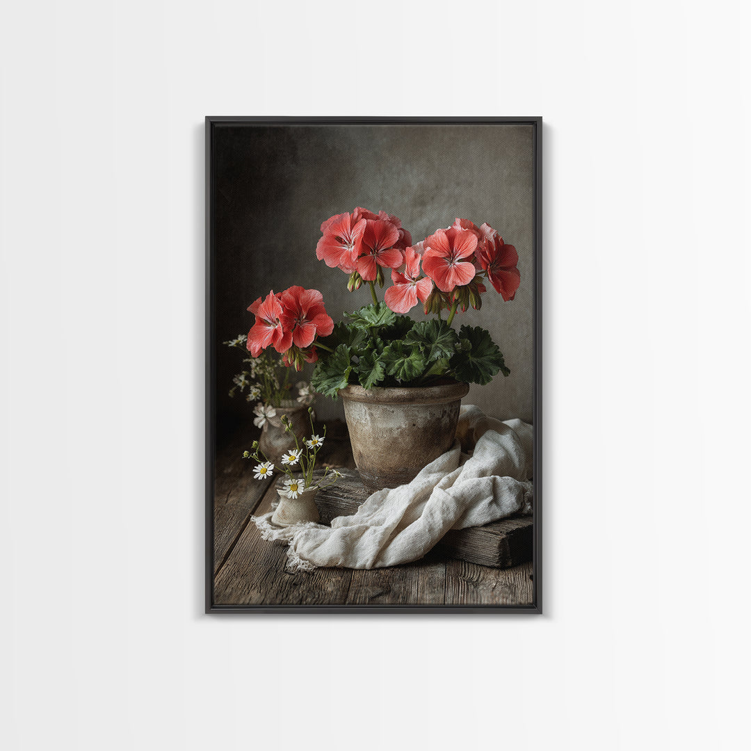 Potted Geraniums in Rustic Clay Pots Canvas Print, Patio Art, Wall Decor, Patio Decor, Fine Art, Outdoor, Coastal Decor, PAT-2x3-70