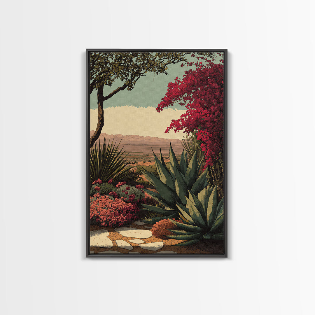 Desert Patio Agave and Bougainvillea Framed Canvas Print, Patio Art, Metal Art, Patio Decor, Fine Art, Outdoor, Patio Cushions, PAT-2x3-73