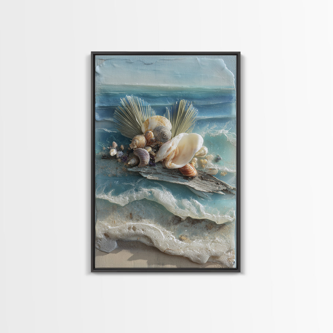 Beachy Shell and Palm Arrangement Framed Canvas Print, Patio Art, Garden Decor, Patio Decor, Fine Art, Outdoor, Beach Art, PAT-2x3-75