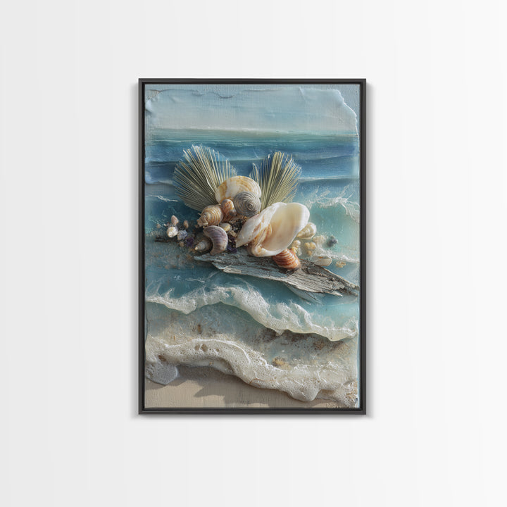 Beachy Shell and Palm Arrangement Framed Canvas Print, Patio Art, Garden Decor, Patio Decor, Fine Art, Outdoor, Beach Art, PAT-2x3-75