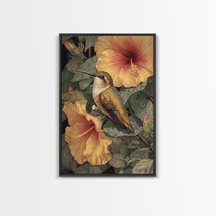 Hummingbird Visiting Bright Hibiscus Framed Canvas Print, Patio Art, Coastal Decor, Patio Decor, Abstract Art, Outdoor, PAT-2x3-83