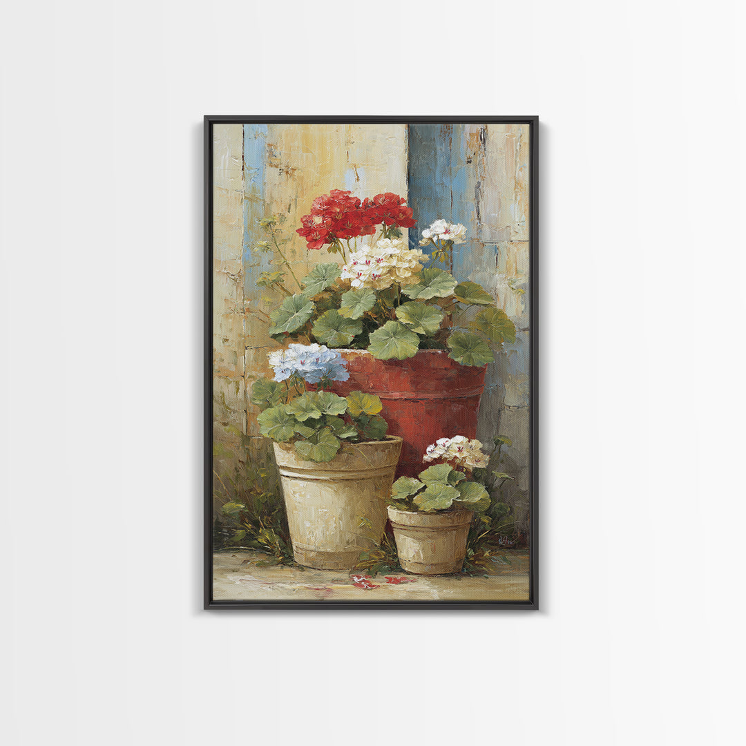 Potted Geraniums in Rustic Clay Pots Framed Canvas Print, Patio Art, Garden Art, Patio Decor, Outdoor, Beach House Decor, PAT-2x3-94