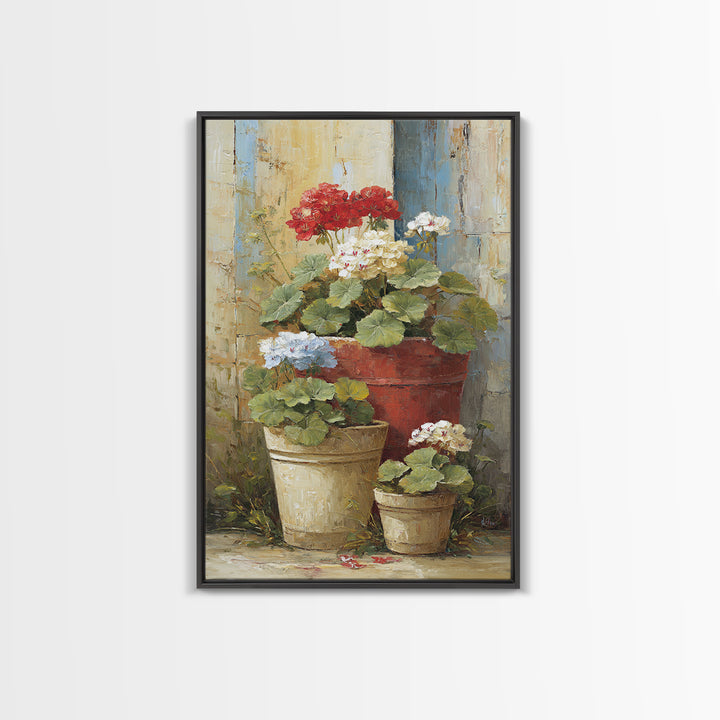 Potted Geraniums in Rustic Clay Pots Framed Canvas Print, Patio Art, Garden Art, Patio Decor, Outdoor, Beach House Decor, PAT-2x3-94