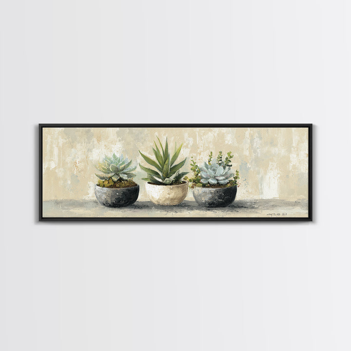 Succulent Collection in Ceramic Planters Canvas Print, Patio Art, Yard Art, Patio Decor, Fine Art, Outdoor, Lake House Decor, PAT-3x1-13