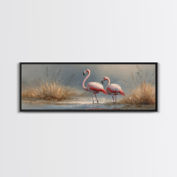 Flamingo Pair Beside Shallow Water Framed Canvas Print, Patio Art, Metal Wall Art, Patio Decor, Outdoor, Coastal Wall Decor, PAT-3x1-2