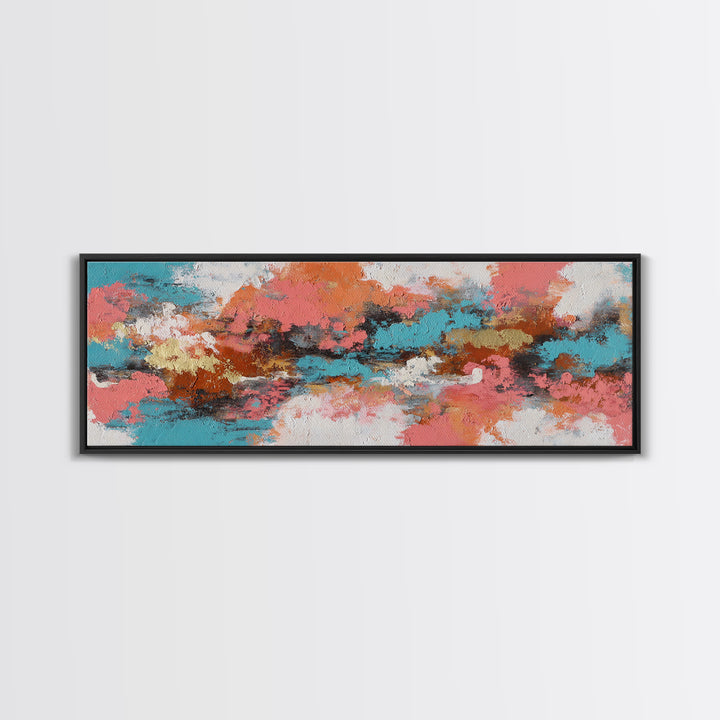 Bright Coral and Turquoise Abstract for Outdoors Framed Canvas Print, Patio Art, Rustic Decor, Patio Decor, Abstract Art, PAT-3x1-28