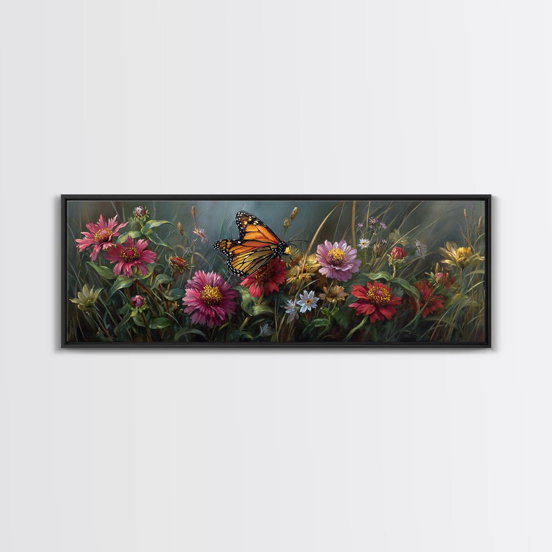 Butterfly Garden with Zinnias and Daisies Framed Canvas Print, Patio Art, Outdoor Wall Art, Patio Decor, Fine Art, Outdoor, PAT-3x1-5