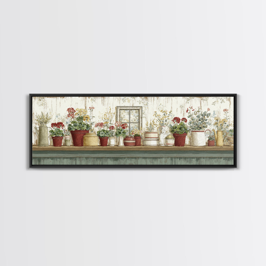 Potted Geraniums in Rustic Clay Pots Canvas Print, Patio Art, Lake House Decor, Patio Decor, Fine Art, Outdoor, Boho Decor, PAT-3x1-54