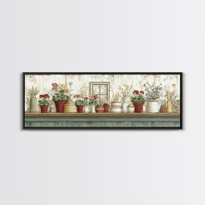 Potted Geraniums in Rustic Clay Pots Canvas Print, Patio Art, Lake House Decor, Patio Decor, Fine Art, Outdoor, Boho Decor, PAT-3x1-54