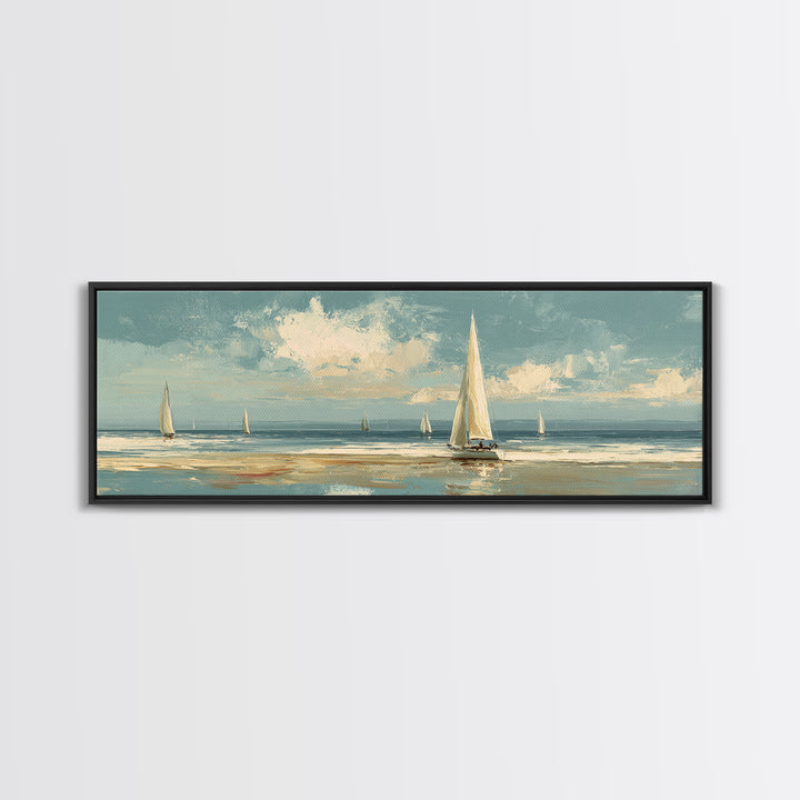 Sailboat on a Breezy Summer Horizon Framed Canvas Print, Patio Art, Contemporary Art, Patio Decor, Oil Painting, Outdoor, PAT-3x1-55