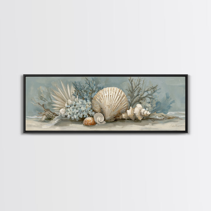 Beachy Shell and Palm Arrangement Framed Canvas Print, Patio Art, Wall Art, Patio Decor, Fine Art, Outdoor, Outdoor Wall Decor, PAT-3x1-59