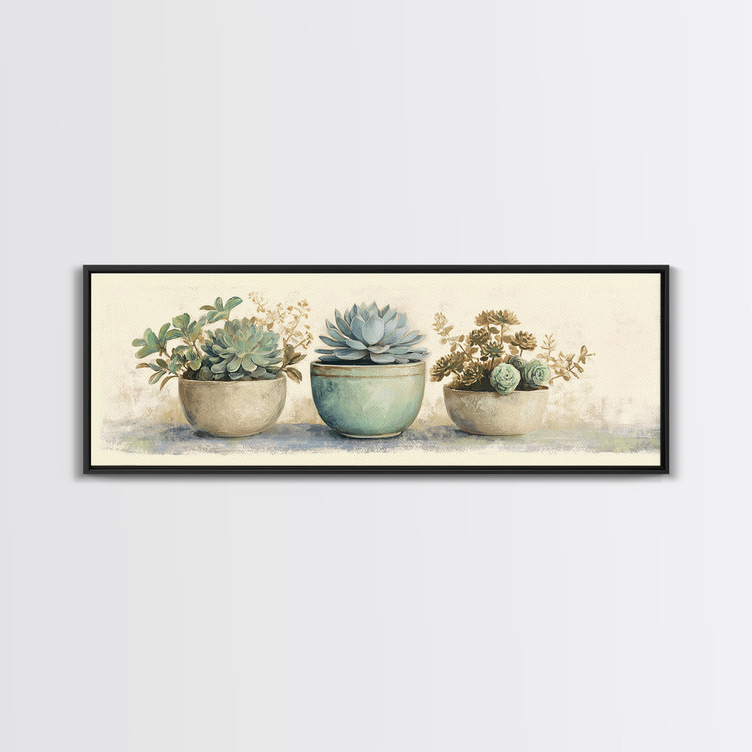 Succulent Collection in Ceramic Planters Canvas Print, Patio Art, Floral Art, Patio Decor, Oil Painting, Outdoor, PAT-3x1-61