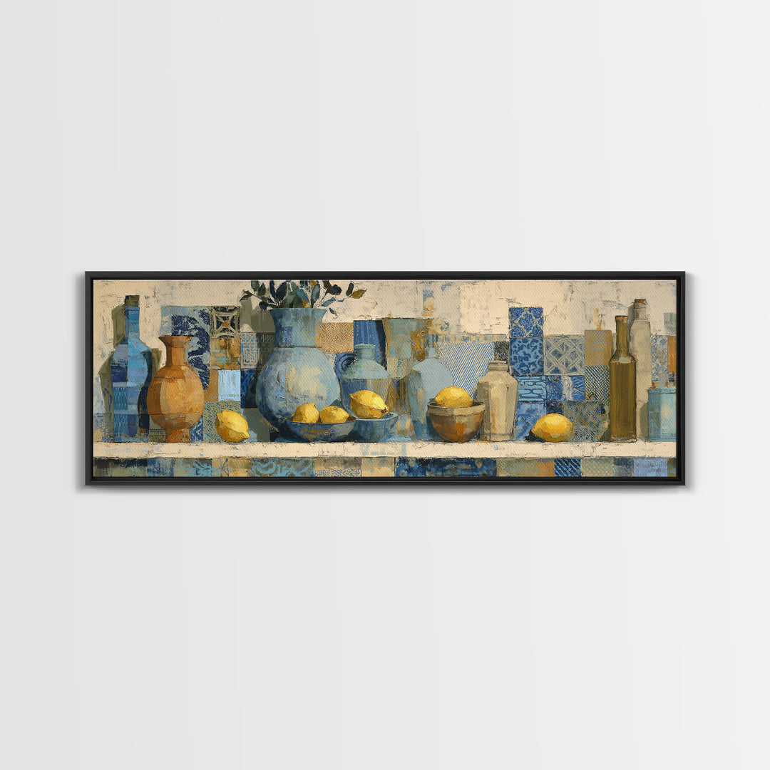 Mediterranean Lemons and Blue Tile Pattern Canvas Print, Patio Art, Coastal Decor, Patio Decor, Outdoor, Family Wall Art, PAT-3x1-66