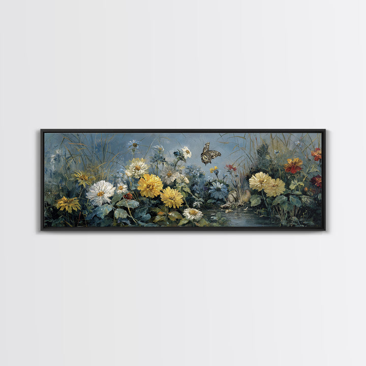 Butterfly Garden with Zinnias and Daisies Framed Canvas Print, Patio Art, Beach House Decor, Patio Decor, Oil Painting, Outdoor, PAT-3x1-77