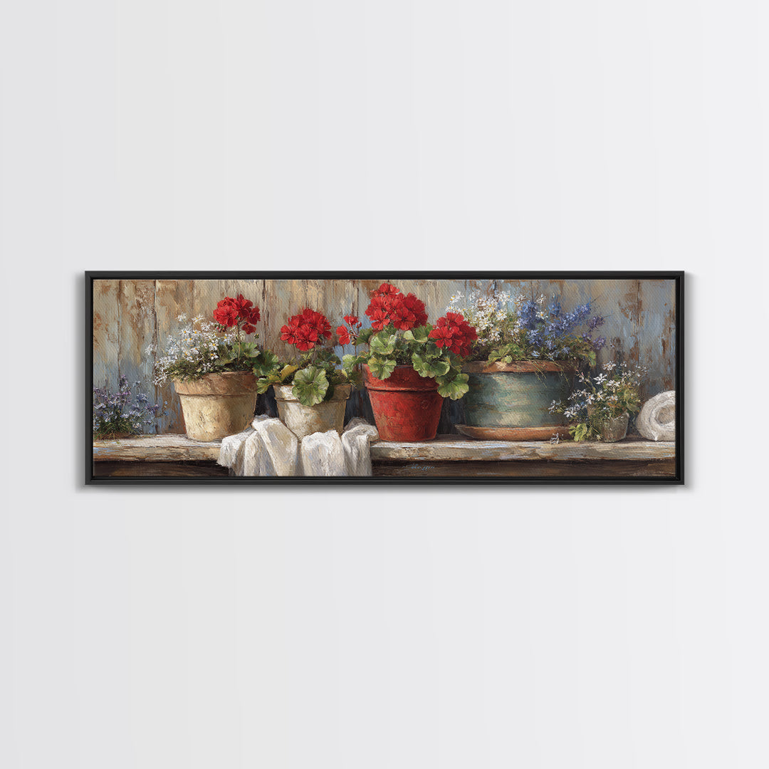 Potted Geraniums in Rustic Clay Pots Canvas Print, Patio Art, Wall Decor, Patio Decor, Fine Art, Outdoor, Coastal Decor, PAT-3x1-78