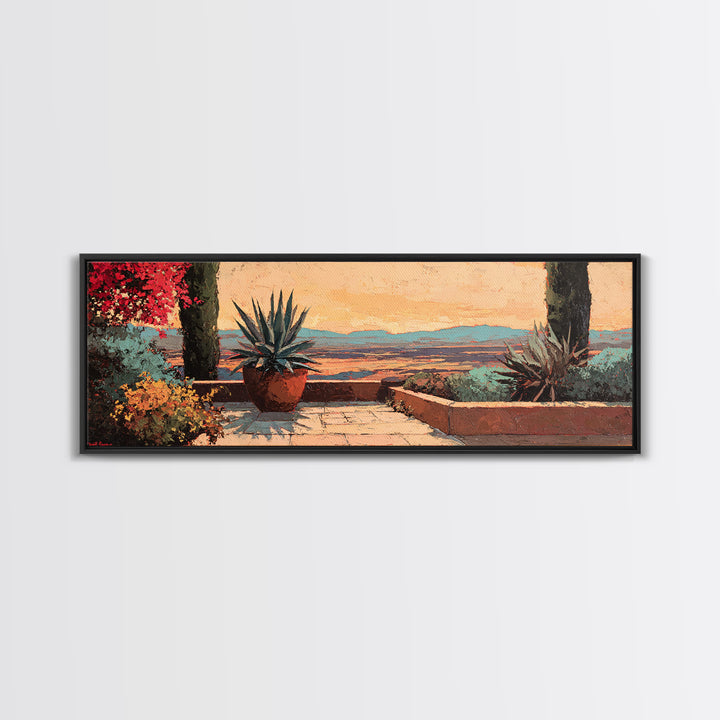 Desert Patio Agave and Bougainvillea Framed Canvas Print, Patio Art, Porch Decor, Patio Decor, Outdoor, Fine Art Print, PAT-3x1-81