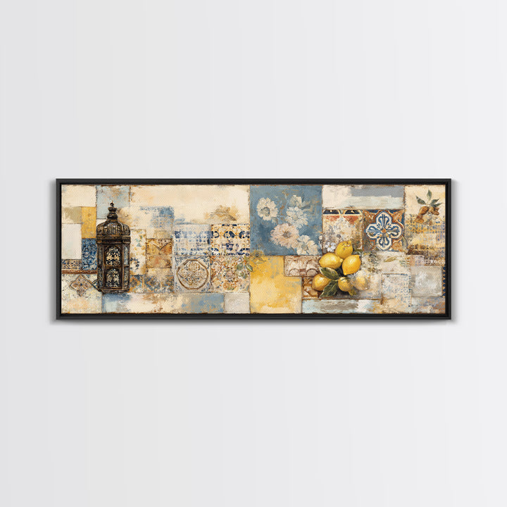 Mediterranean Lemons and Blue Tile Pattern Framed Canvas Print, Patio Art, Beach House Decor, Patio Decor, Fine Art, Outdoor, PAT-3x1-90