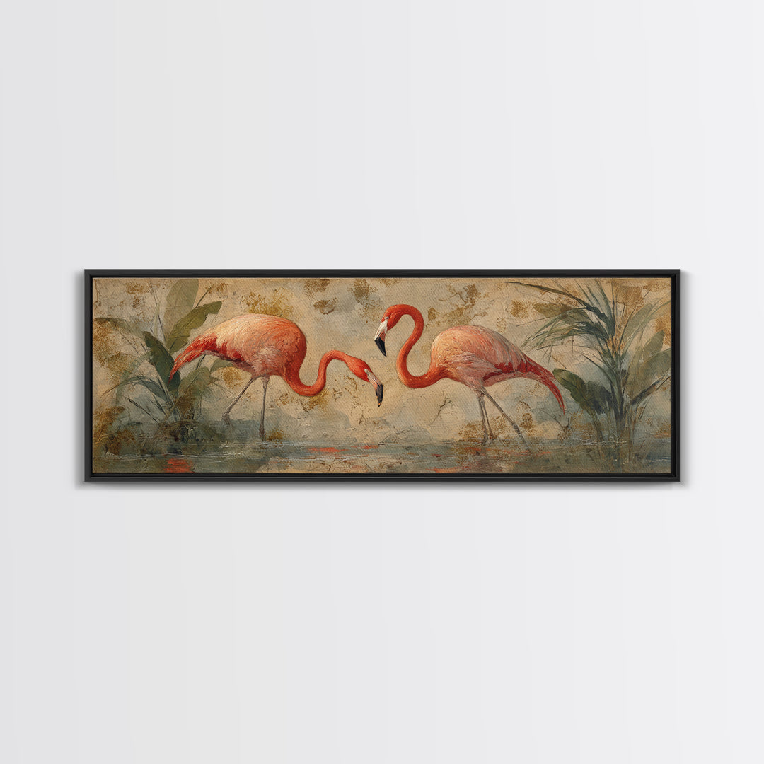 Flamingo Pair Beside Shallow Water Canvas Print, Patio Art, Floral Art, Patio Decor, Fine Art, Outdoor, Statement Artwork, PAT-3x1-98