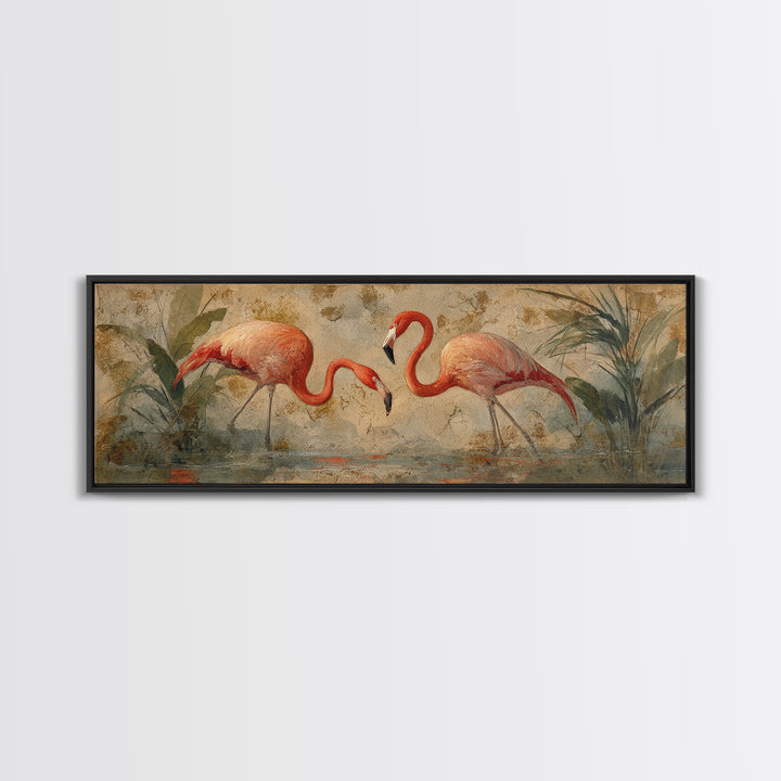 Flamingo Pair Beside Shallow Water Canvas Print, Patio Art, Floral Art, Patio Decor, Fine Art, Outdoor, Statement Artwork, PAT-3x1-98