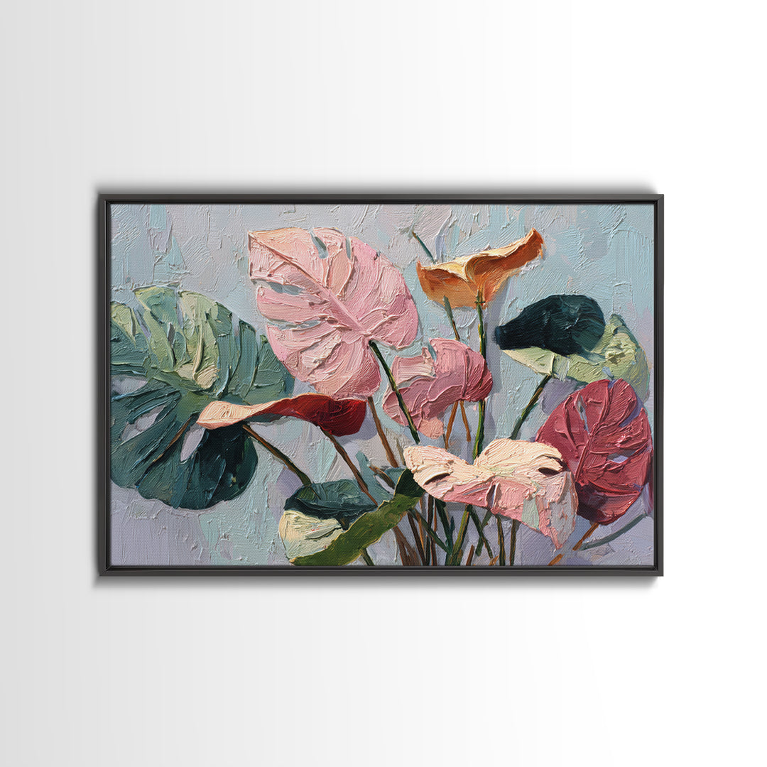 Bold Botanical Monstera Leaf Composition Framed Canvas Print, Patio Art, Metal Art, Patio Decor, Oil Painting, Outdoor, PAT-3x2-10
