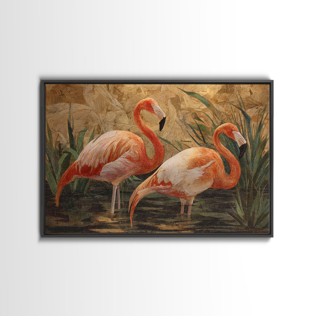 Flamingo Pair Beside Shallow Water Framed Canvas Print, Patio Art, Garden Decor, Patio Decor, Fine Art, Outdoor, Beach Art, PAT-3x2-14