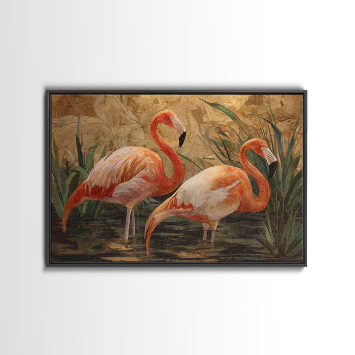 Flamingo Pair Beside Shallow Water Framed Canvas Print, Patio Art, Garden Decor, Patio Decor, Fine Art, Outdoor, Beach Art, PAT-3x2-14