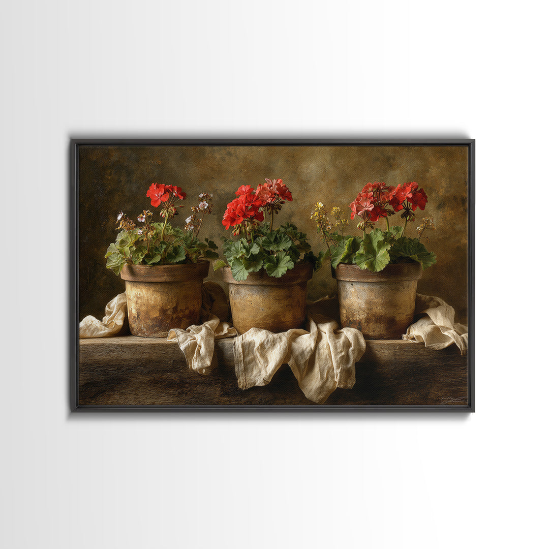 Potted Geraniums in Rustic Clay Pots Framed Canvas Print, Patio Art, Garden Art, Patio Decor, Outdoor, Beach House Decor, PAT-3x2-18