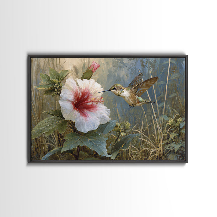 Hummingbird Visiting Bright Hibiscus Framed Canvas Print, Patio Art, Patio Cushions, Patio Decor, Outdoor, Luxury Decor, PAT-3x2-31