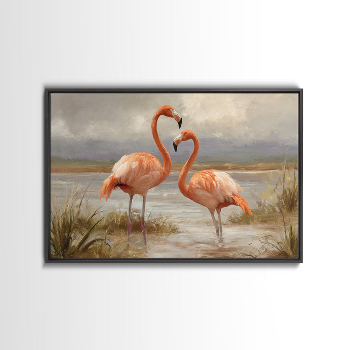 Flamingo Pair Beside Shallow Water Canvas Print, Patio Art, Outdoor Wall Decor, Patio Decor, Fine Art, Outdoor, Yard Decor, PAT-3x2-38
