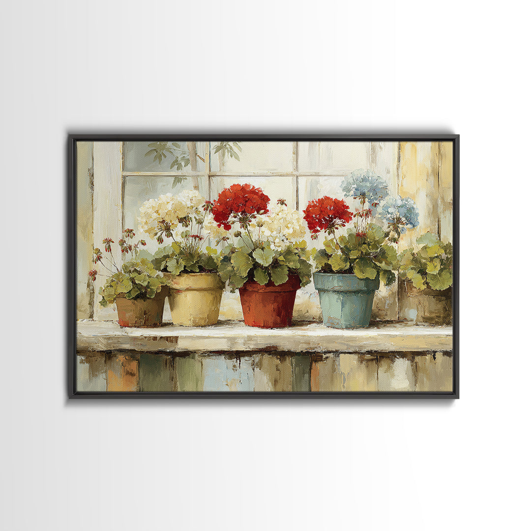 Potted Geraniums in Rustic Clay Pots Canvas Print, Patio Art, Floral Wall Art, Patio Decor, Fine Art, Outdoor, Mixed Media Art, PAT-3x2-42