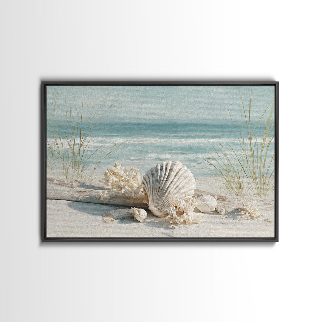 Beachy Shell and Palm Arrangement Framed Canvas Print, Patio Art, Room Decor, Patio Decor, Oil Painting, Outdoor, Garden Art, PAT-3x2-47
