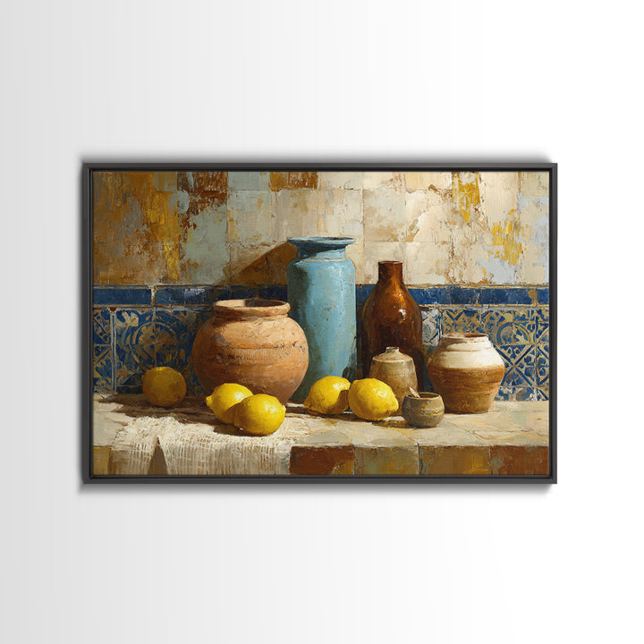 Mediterranean Lemons and Blue Tile Pattern Canvas Print, Patio Art, Bar Art, Patio Decor, Fine Art, Outdoor, Outdoor Art, PAT-3x2-54
