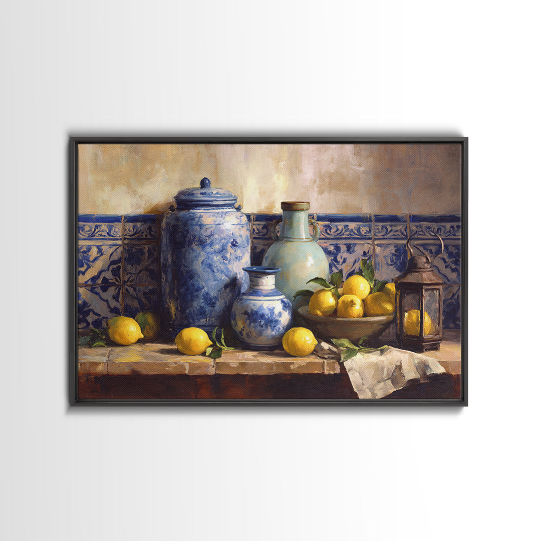 Mediterranean Lemons and Blue Tile Pattern Framed Canvas Print, Patio Art, Yard Art, Patio Decor, Outdoor, Lake House Decor, PAT-3x2-6