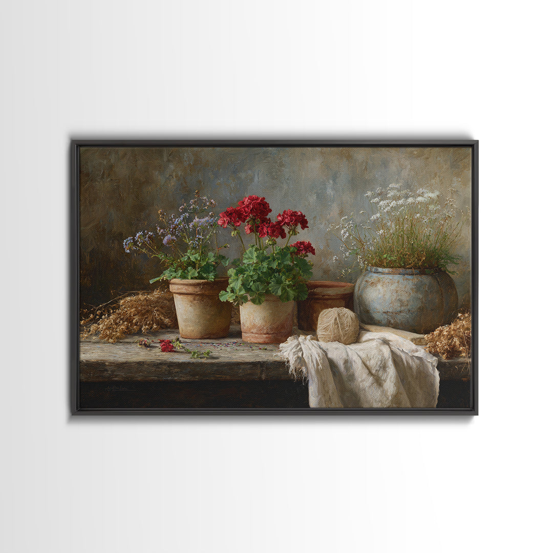 Potted Geraniums in Rustic Clay Pots Canvas Print, Patio Art, Floral Wall Art, Patio Decor, Fine Art, Outdoor, Mixed Media Art, PAT-3x2-66