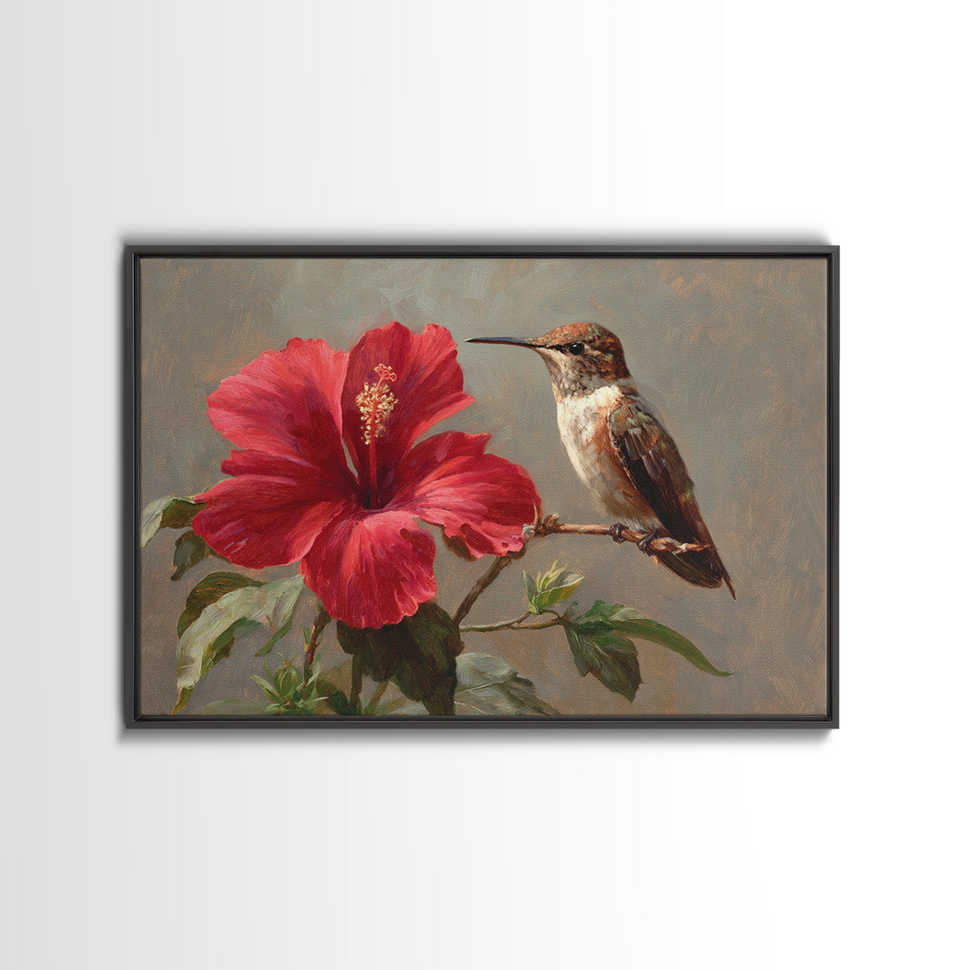 Hummingbird Visiting Bright Hibiscus Framed Canvas Print, Patio Art, Patio Decor, Abstract Art, Outdoor, Floral Wall Art, PAT-3x2-7