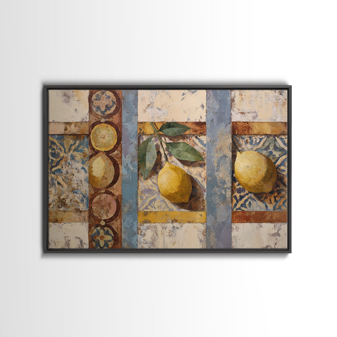 Mediterranean Lemons and Blue Tile Pattern Framed Canvas Print, Patio Art, Floral Art, Patio Decor, Fine Art, Outdoor, PAT-3x2-78