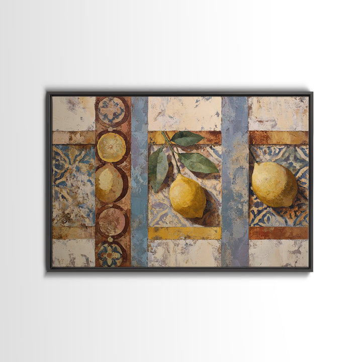 Mediterranean Lemons and Blue Tile Pattern Framed Canvas Print, Patio Art, Floral Art, Patio Decor, Fine Art, Outdoor, PAT-3x2-78