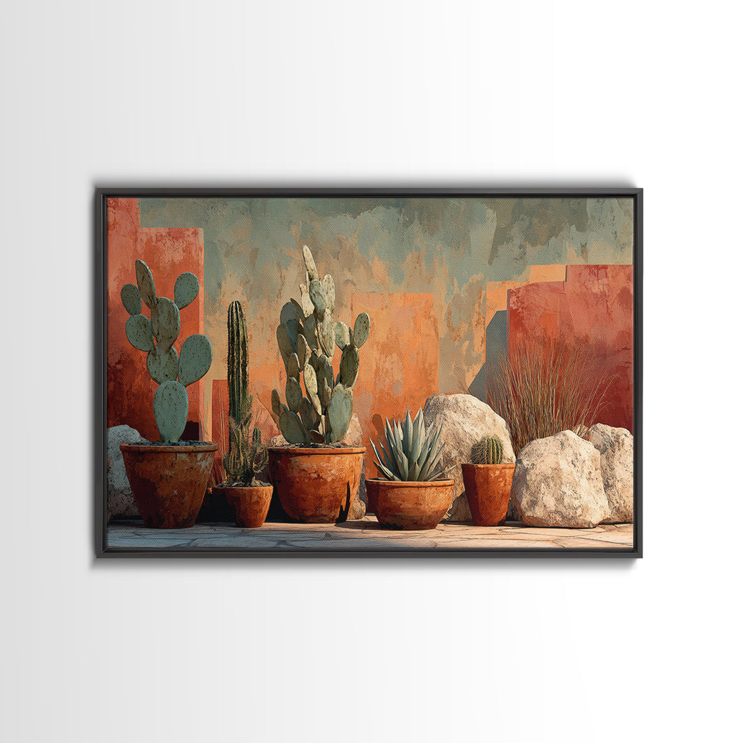Cactus and Agave Framed Canvas Print, Patio Art, Metal Art, Patio Decor, Oil Painting, Outdoor, Patio Cushions, Yard Decor, PAT-3x2-8