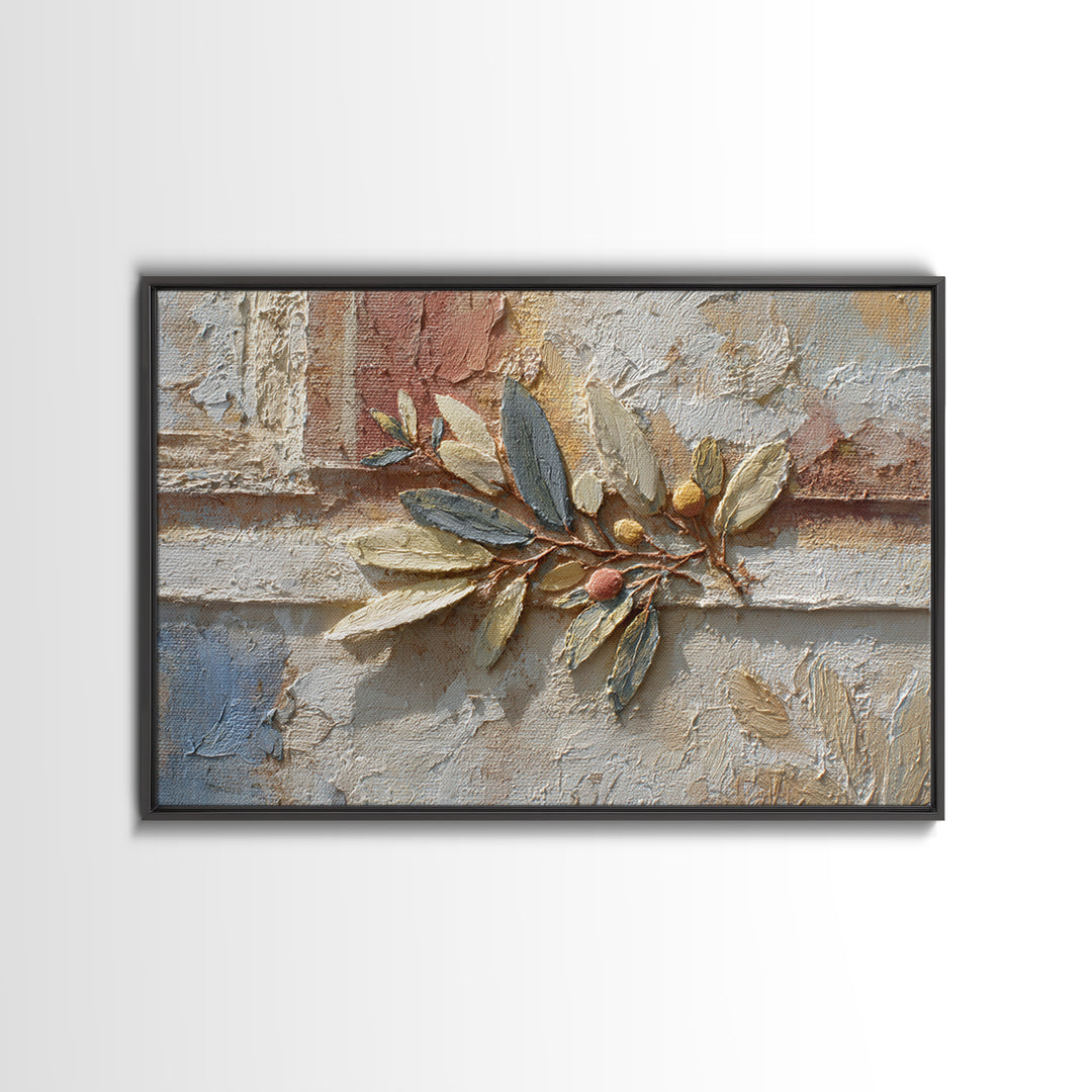 Olive Branch Wreath on Warm Plaster Framed Canvas Print, Patio Art, Family Wall Art, Patio Decor, Fine Art, Outdoor, Room Decor, PAT-3x2-85