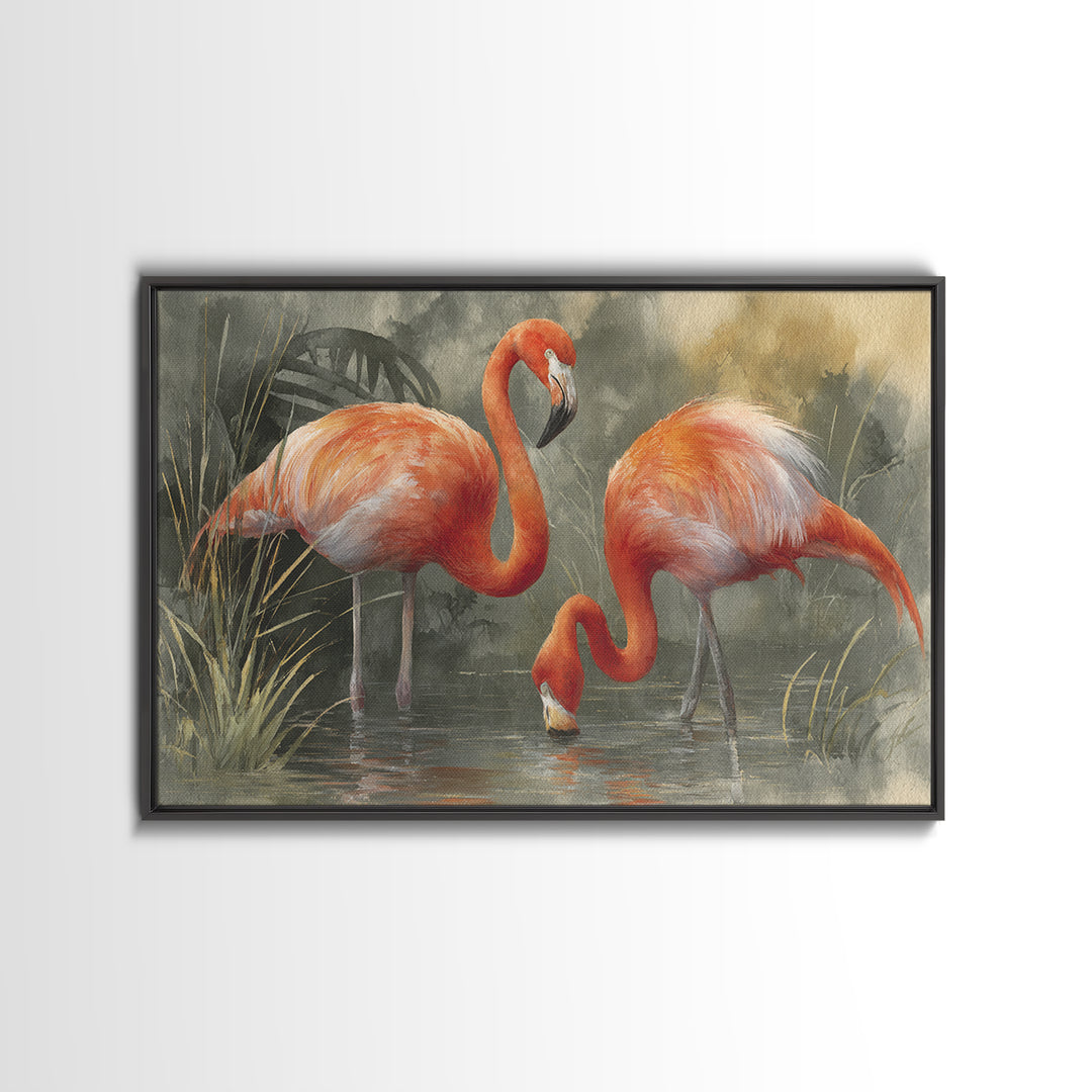 Flamingo Pair Beside Shallow Water Framed Canvas Print, Patio Art, Patio Decor, Fine Art, Outdoor, Gallery Decor, Neutral Decor, PAT-3x2-86