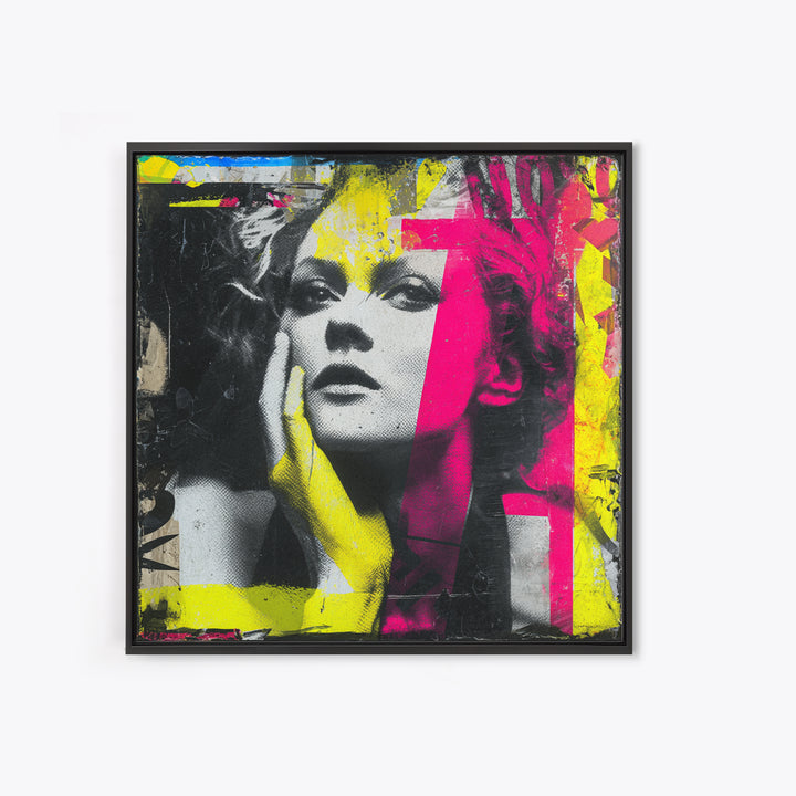 Neon Portrait with Thick Black Outlines Framed Canvas Print, Pop Art, Eclectic Home Decor, Living Room Decor, Fine Art, Pop, POP-1x1-100