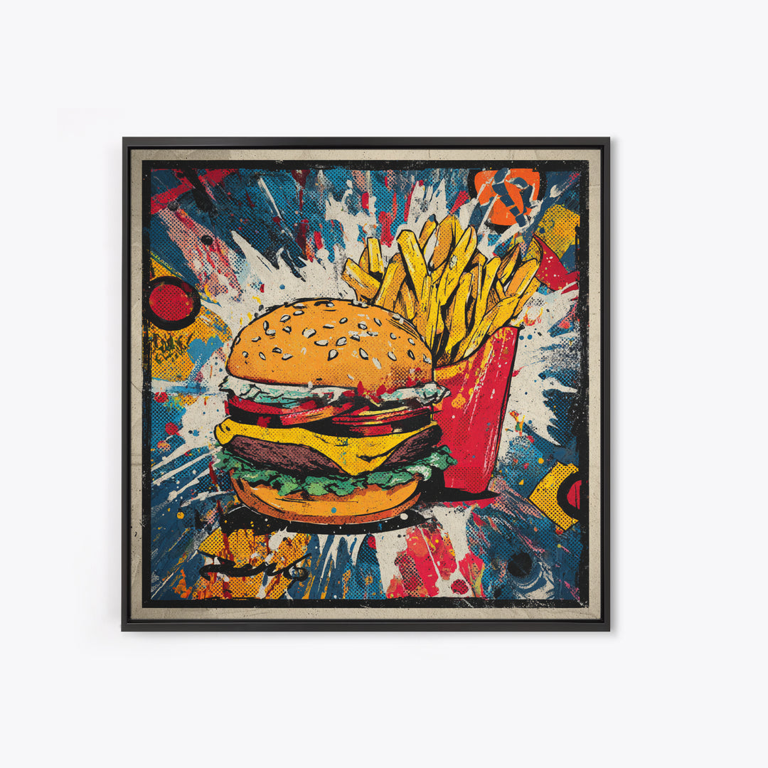 Hamburger and Fries Framed Canvas Print, Pop Art, Statement Artwork, Living Room Decor, Abstract Art, Pop, Wall Decor, POP-1x1-33