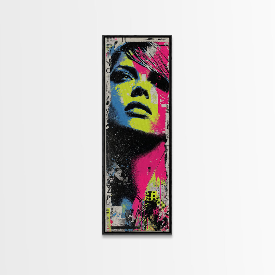 Neon Portrait with Thick Black Outlines Canvas Print, Pop Art, Bedroom Decor, Living Room Decor, Oil Painting, Pop, 3d Art, POP-1x3-88