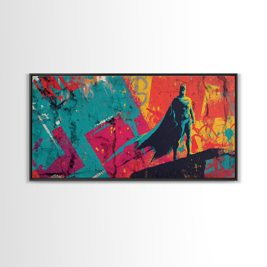 Superhero Silhouette in Dynamic Color Fields Framed Canvas Print, Pop Art, Living Room Decor, Abstract Art, Pop, POP-2x1-35