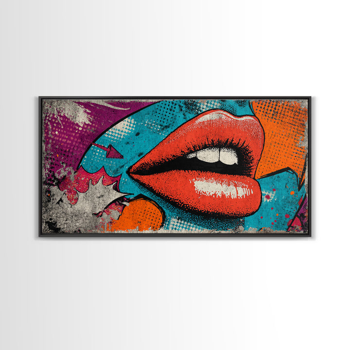 Bold Comic Lips Framed Canvas Print, Pop Art, Decor, Living Room Decor, Fine Art, Pop, Dopamine Decor, Mexican Art, Modern Art, POP-2x1-45