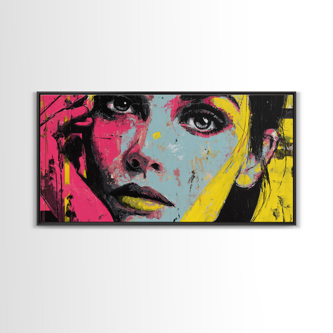 Neon Portrait with Thick Black Outlines Framed Canvas Print, Pop Art, Canvas, Living Room Decor, Oil Painting, Pop, Food Art, POP-2x1-72