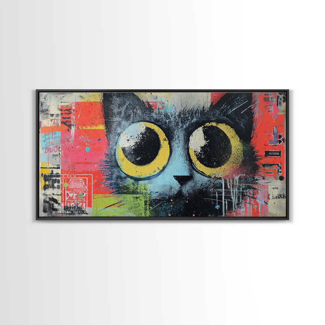 Comic Cat with Oversized Eyes Framed Canvas Print, Pop Art, Home Decor, Living Room Decor, Fine Art, Pop, Canvas Wall Art, POP-2x1-86