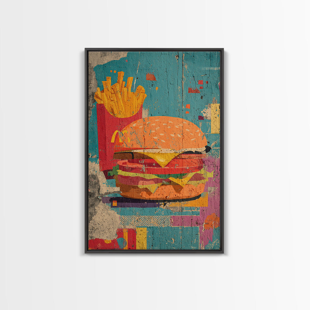 Hamburger and Fries Framed Canvas Print, Pop Art, Wall Decor, Living Room Decor, Abstract Art, Pop, Portrait, Apartment Decor, POP-2x3-17