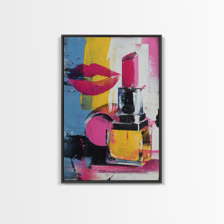 Lipstick and Perfume Fashion Still Life Framed Canvas Print, Pop Art, Canvas Wall Art, Living Room Decor, Fine Art, Pop, POP-2x3-28