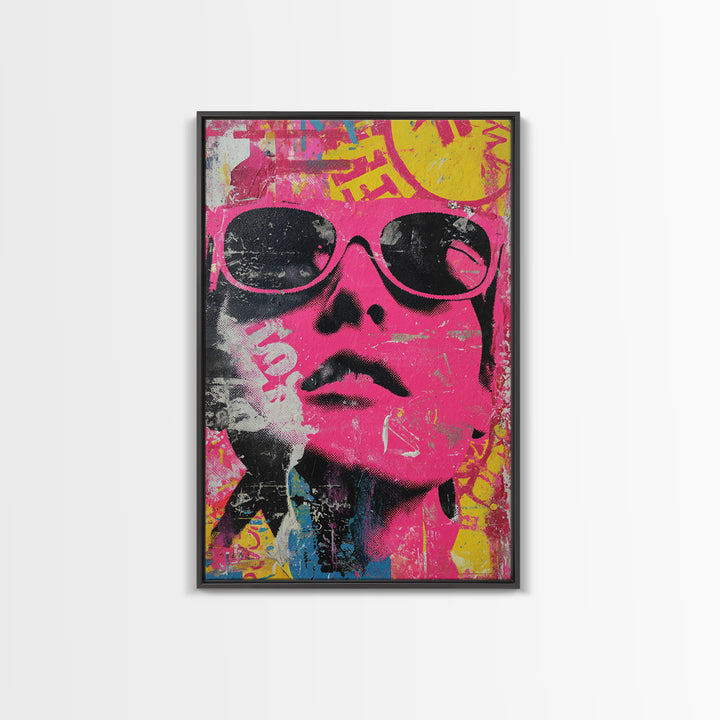 Glamorous Sunglasses Face Framed Canvas Print, Pop Art, Custom Portrait, Living Room Decor, Fine Art, Pop, Mexican Art, POP-2x3-88